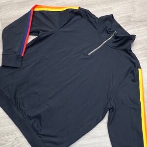 ALDI Black Quarter Zip Pullover Sweatshirt Rainbow Stripe Sleeve Mens Size L